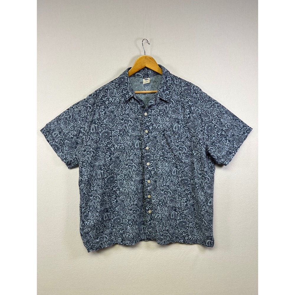 Boho Coastal Old Navy Mens XL Blue Paisley Linen Blend Short Sleeve Button Down